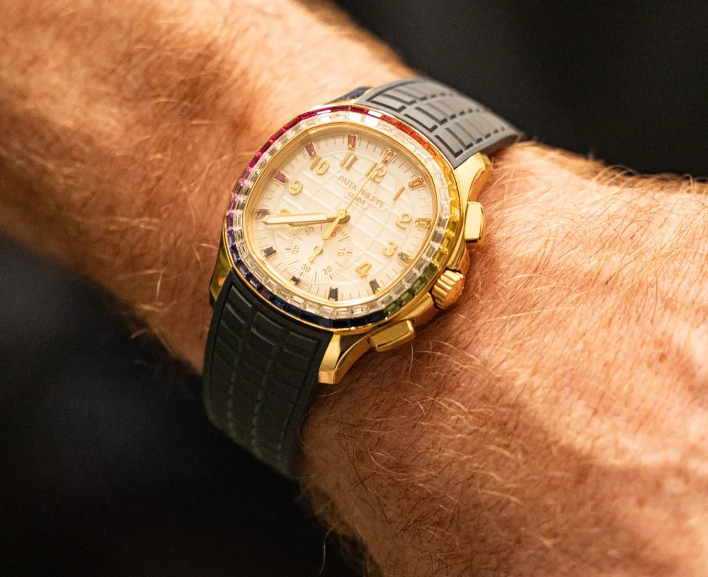 Patek Philippe Aquanaut chronograph with rainbow gem-set bezel available for purchase
