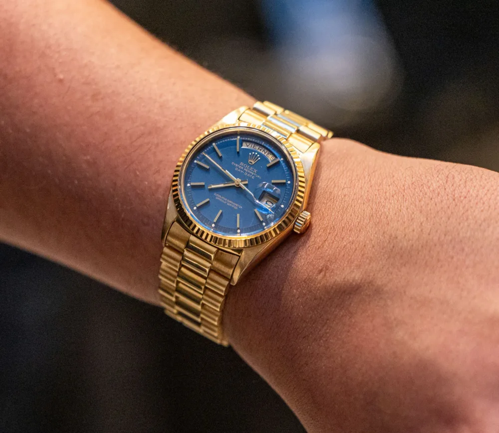 Vintage Rolex Day-Date yellow gold with blue dial available for sale